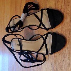 Justfab black faux-suede finish and a lace-up ankle-tie strap Wedge Size 6